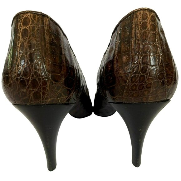 Vintage YSL Yves Saint Laurent Shoes Heels Crocodile Leather Brown Size 9 Italy - Picture 5 of 10